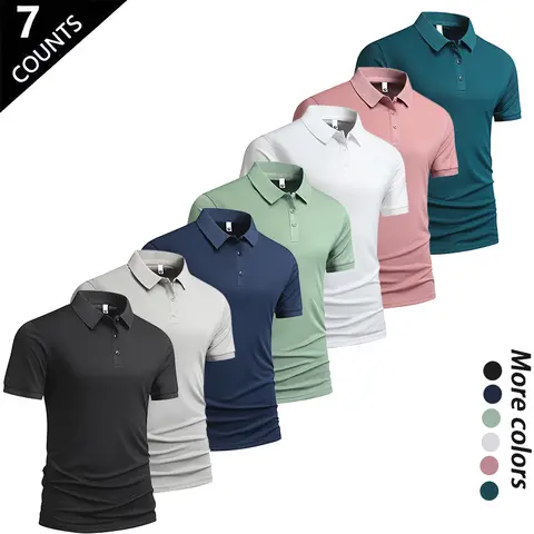 Men's Summer Ice Silk Short-Sleeve Polo Shirt Set of Seven Versatile Trendy Collared Top for Business Casual Wear Breathable Quick-Drying Cool-Touch Skin-Friendly Moisture-Wicking Anti-Pilling Colorfast Multiple Colors Menswear Tropical tiktokshopspringgl
