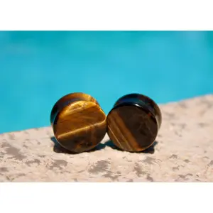 Natural Crystal Golden Brown Polished Tiger Eye Double Flare Stone Plugs - Gauges for Stretched Ears