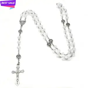 Colorful Crystal Beads Rosary Necklaces Cross Pendant Catholic Religious Necklaces for Men Women Jewelry Gift Long Chain