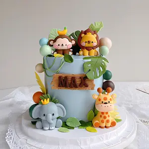 16-Piece Jungle Animal Cake Decoration Set, Lion Monkey Giraffe Elephant Banana Leaf Bamboo, Perfect for Zoo-Themed Birthday Parties