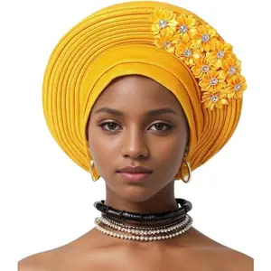 Auto Gele   Tie of Nigeria Aso Oke Headwraps Hat Turban Wedding Party Handmade Elegant Hair Wear Cap for Women