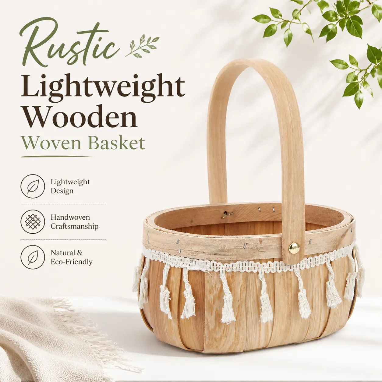 Rustic Lightweight Wooden Woven Basket With White Tassel Lace Edge Detachable Handle Multipurpose Storage Flower Gift Basket