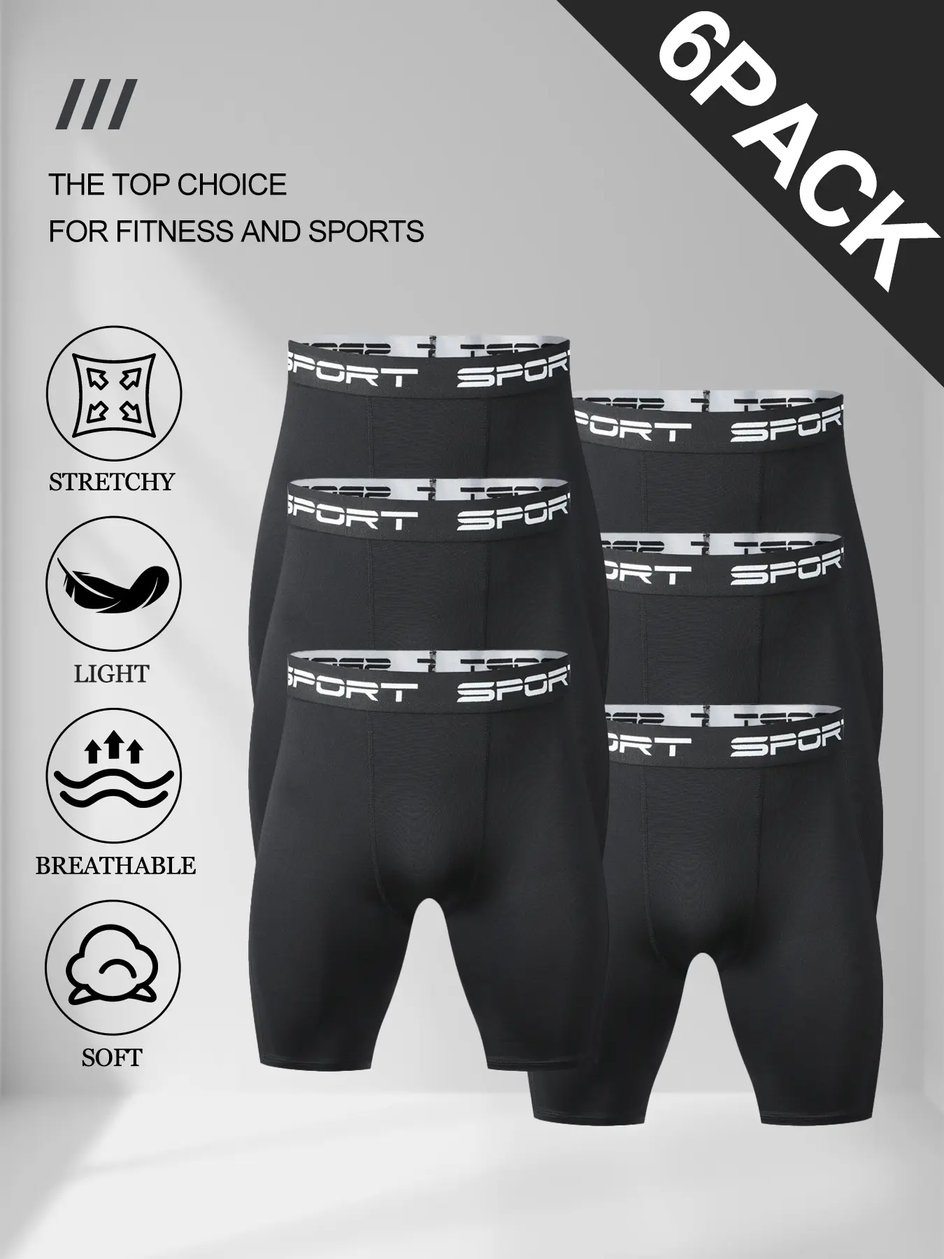 Men's 6-Pack Lightweight Compression Shorts - Male Quick Dry, Heat Relief, Body Cooling, Breathable Stretchy Performance Base Layer Athletic Underwear for Fitness, Running, Heat Relief Men's Shorts, Body Cooling Men's Shorts