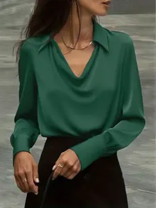 Women's Plus Size Elegant Casual Office Pure Color Vintage Lapel Long Sleeve Shirt, Perfect for Outdoor and Office Wear