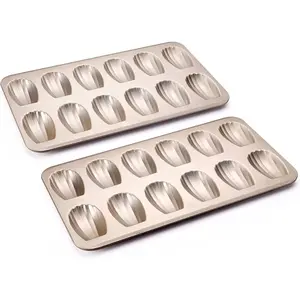 Nonstick Madeleine Pan 2 Pack 12-Cavity Heavy Duty Madeleine Cookies Trays for Oven Baking, Warp Resistant Shell Shape Madeleine Mold Cake Pan, Champagne Gold