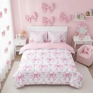 Feelyou 7-Piece Pink Bowknot Comforter Set with Ribbon Bow Bed Sheets, Cute Girly Bedding in a Bag for Girly Bedroom Decor