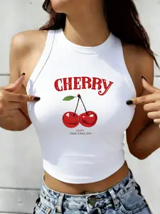 Women's Y2K Elegant Fashion Tank Top, Cherry Print Design, Soft Material, Trendy All-Season Wear, Multiple Colors Available