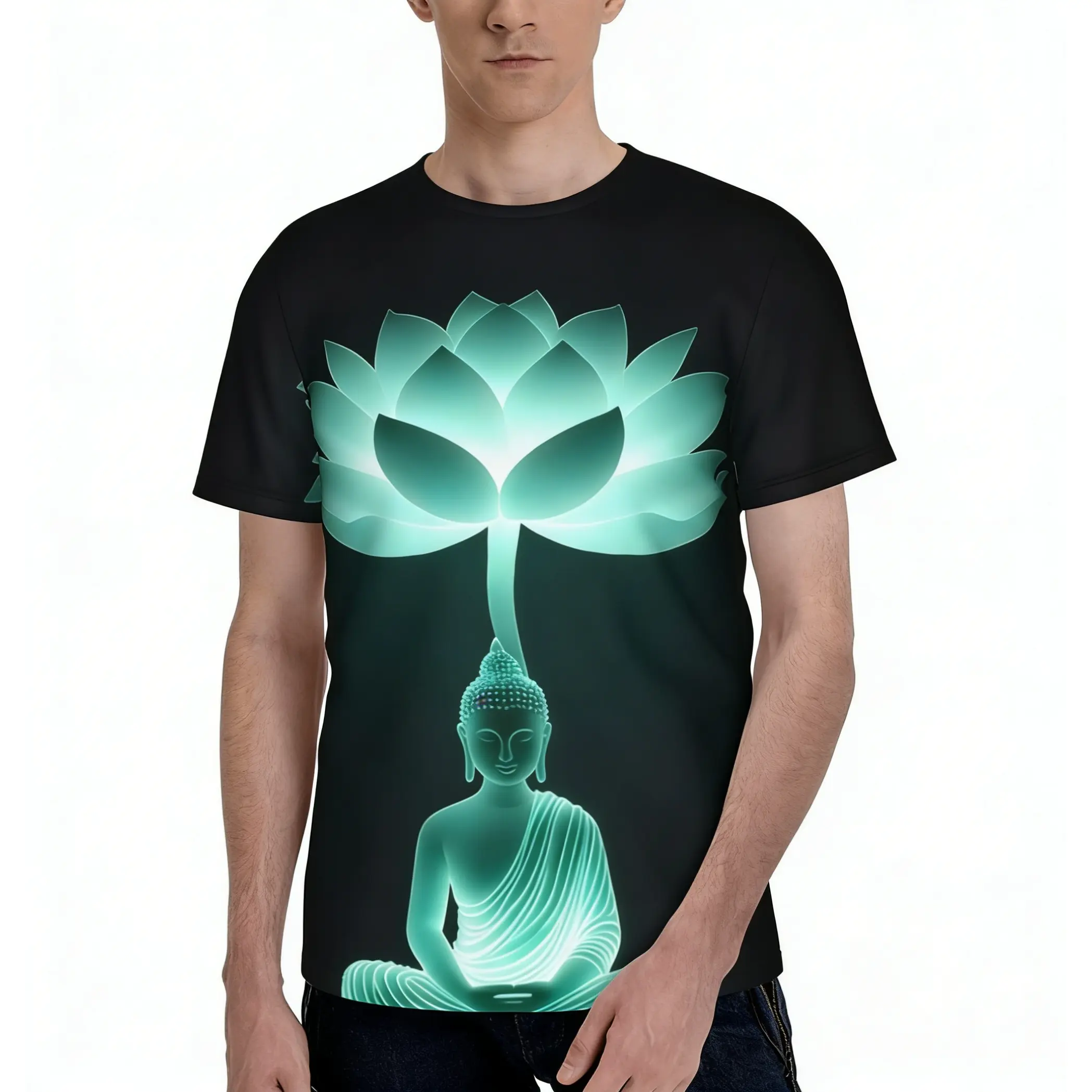 3D Summer Unisex Short Sleeve T-Shirt, Zen Lotus Enlightenment, Jade-Colored Buddha Image 3D Print T-Shirt, Unisex Soft Polyester Fiber, Casual Round Neck Short Sleeve Summer T-Shirt and Casual Apparel