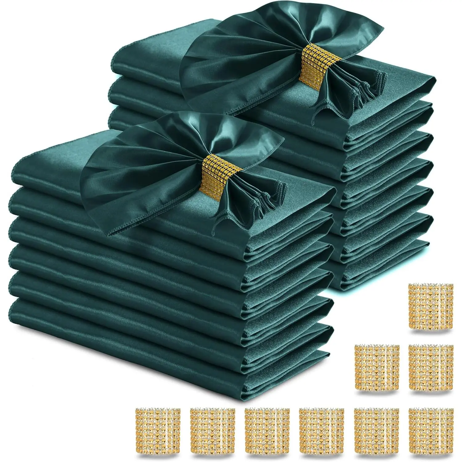 100 count Dark Green Satin Napkins and Napkin Rings Set, 17 x 17 Inch Square Cloth Napkins Set of 50, Silky Soft Table Napkins Bulk for Weddings, Banquet, Parties Dinner Decoration