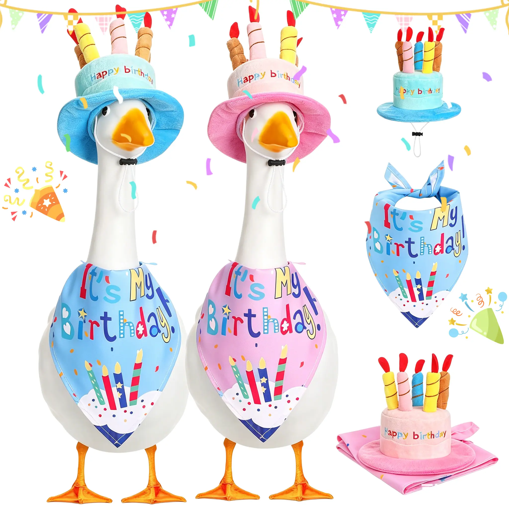 Birthday Themed Porch Outfit Set for 23" & 17" Cement Plastic Goose Duck Decorations, Includes Cake Hat & Bandana