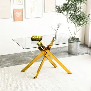 51.18" Rectangular Clear Tempered Glass Dining Table, Stylish Design with Golden Metal Legs, Modern Luxe Dining Table, Safe Shatter-Resistant Easy Clean, Versatile Indoor Furniture for Dining Room Kitchen Living Room Apartment Home Decor
