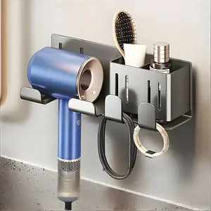 Blow Dryer Holder Rack No Drilling Bathroom Stand Alloy Hanging Hook with Storage Tube Wall Mounted Organizer Installation Bathroom Accessories