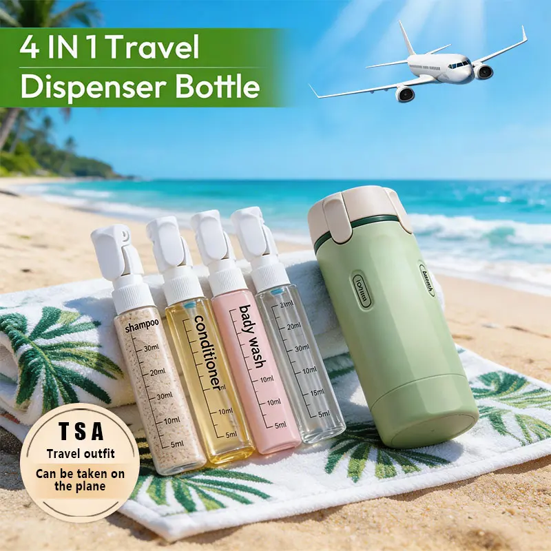 4-in-1 Travel Refillable Bottle & Travel Makeup Bag - TSA Approved Leak-Proof Silicone Squeeze Container with Lock, Portable Toiletry Organizer for Lotion, Shampoo, Body Wash, Cosmetics, Brushes, Compact Plastic Dryer, Toiletries, Makeup Brushes Organizer