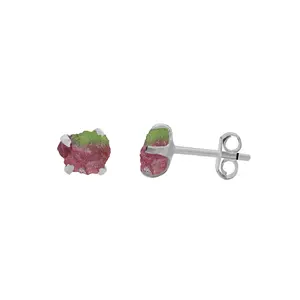 Ruby In Zoisite Raw Natural Earrings in Prong Stud Setting - Sterling Silver