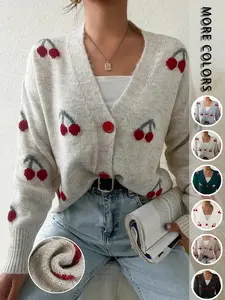 Women's Cherry Pattern Button Front Knit Cardigan, Elegant Long Sleeve Sweater Cardigan for Fall & Winter, Women's Knit Clothing for Daily Wear