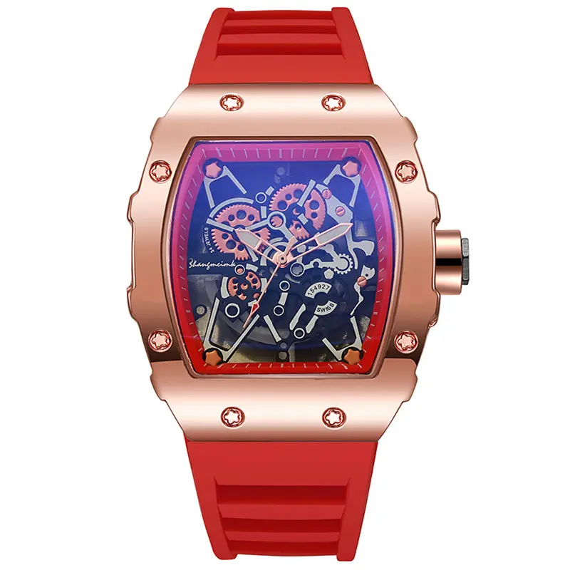 Shangmei's new Richard hollowed out watch is a fashionable sports silicone quartz watch with a barrel shaped men's watch