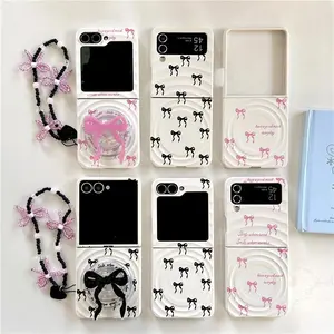 Korean Cute Bowknot Stand Magnetic Phone Case For Samsung Galaxy Z Flip 7 6 5 4 3 Flip6 Flip7 Cover with Chain Kawaii Cases Capa
