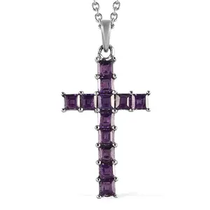 Purple Amethyst Cross Pendant Necklace Men Religion Stainless Steel Chain Size 20" Ct 1.4 Catholic Faith Christian Religious Birthday Jewelry Birthday Christmas Gifts for Women