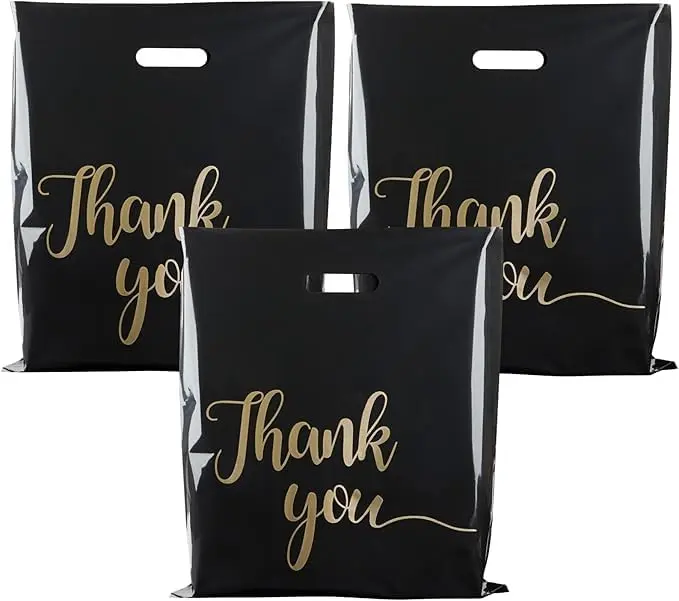 Thank You Gift Bags with Handles for Storage Reusable Goodie Plastic Bags Black with Gold Text 100 Bags
