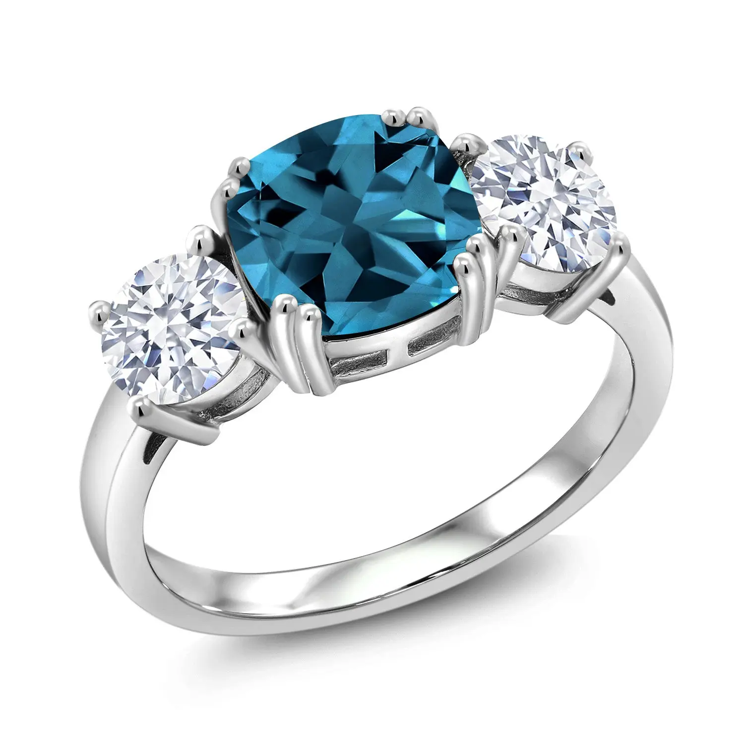 4.24 Cttw London Blue Topaz and White Zirconia 3-Stone Engagement Ring For Women |  925 Sterling Silver | Center Cushion 8MM | Wedding Engagement Anniversary Promise Ring