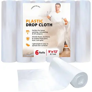 Clear Plastic Drop Cloth 9x12 ft (6 Pack) -  Painters Plastic Sheeting for Painting, Furniture Covers & Dust Protection - Easy Cleanup, Mess-Free Solution for Painting or Renovations
