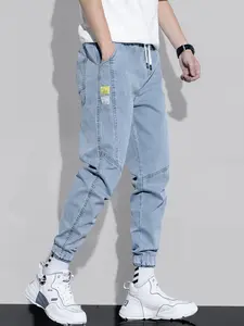 Men's Drawstring Jeans, Plain Loose Fit, Suitable for Sports and Outdoor Activities, All Seasons, Elastic Waist, Slim-Fitting