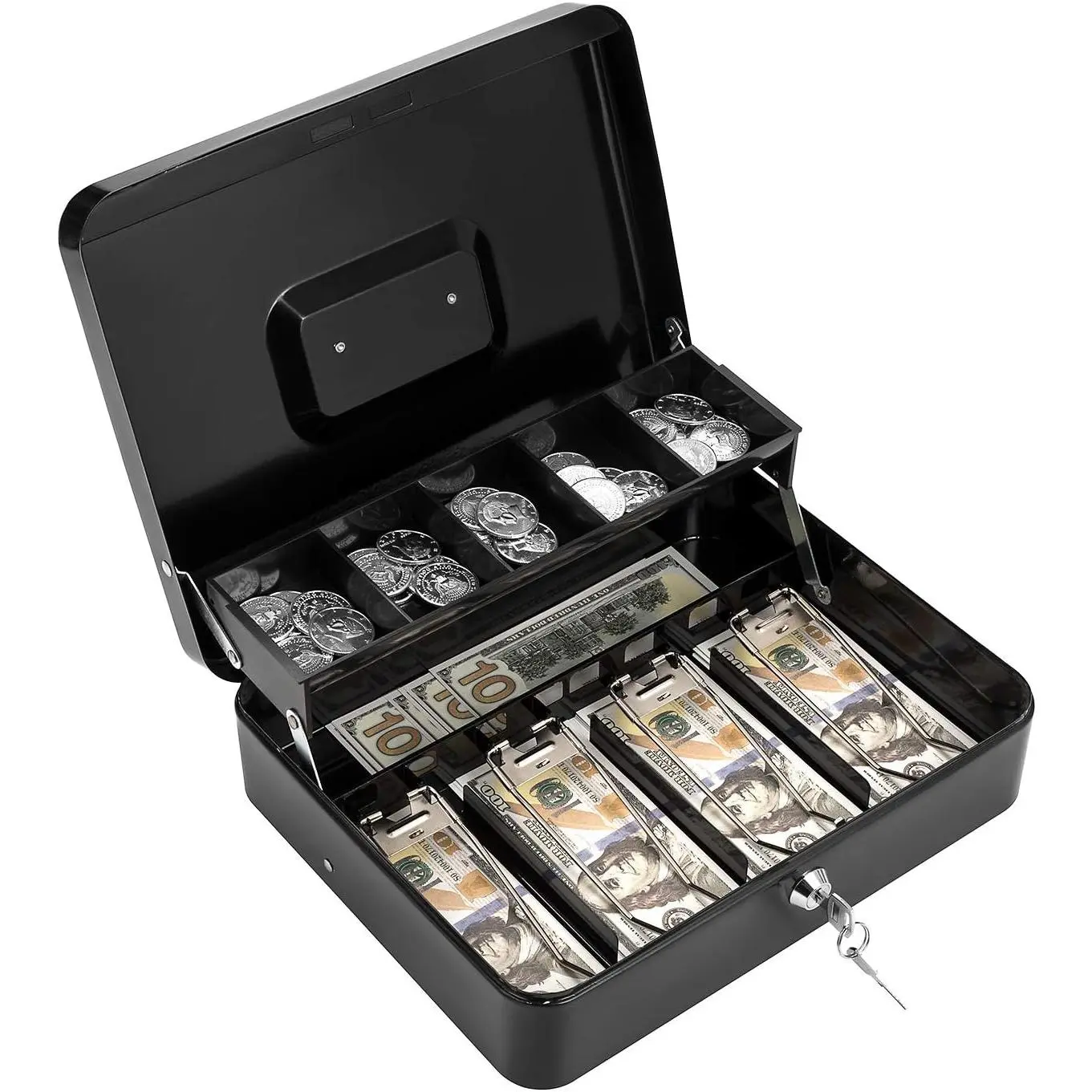 Box with Lock Key and  Tray Large  Box for  Register, Metal Lock Box for  Safe 11.8" x 9.4" x 3.54" Black