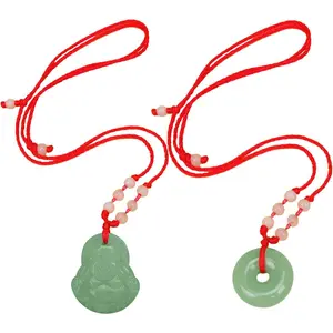 Green Jade Buddha Circle Red String Pendant Necklace - Chinese Traditional Amulet for Luck and Protection