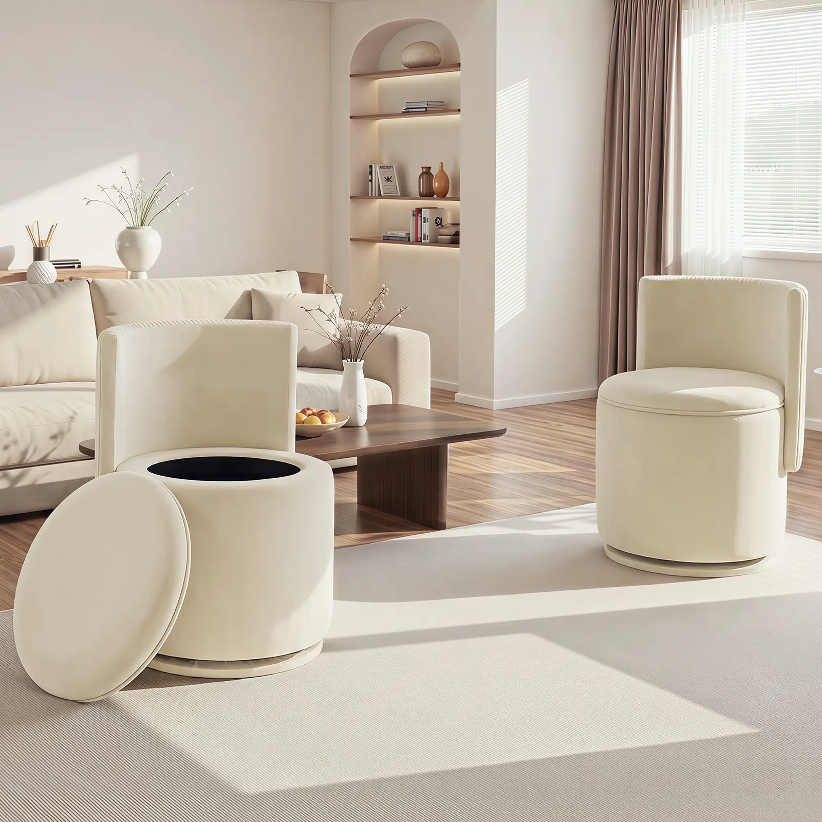Furnimart Waterproof Velvet Swivel Storage Stool for Vanity, Bedroom & Living Room, 360° Swivel Makeup Chair with Hidden Storage, 3-inch Thick Foam Seat & Skin-Friendly 3D Wave Waterproof Velvet, 350LBS Capacity