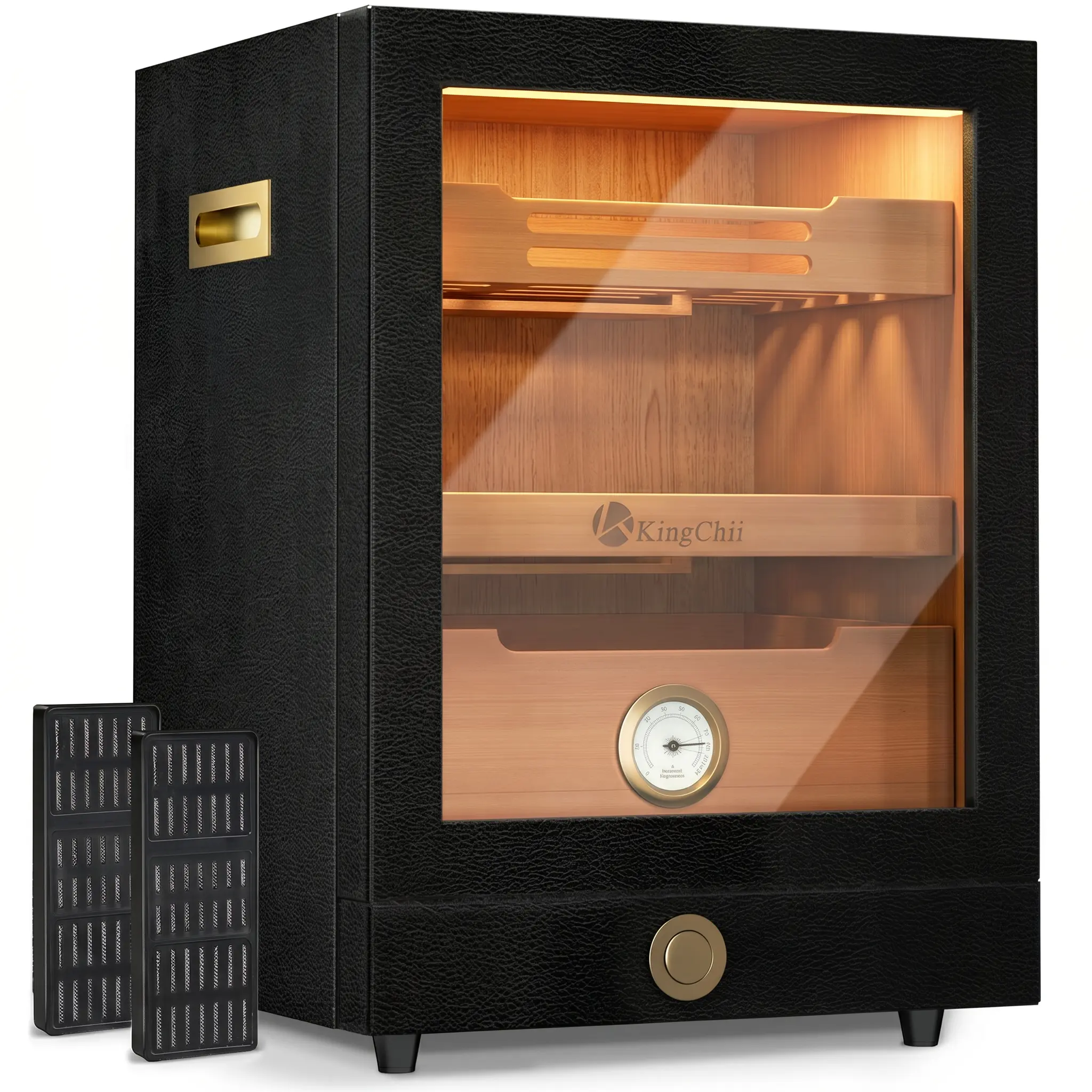 KingChii Premium Spanish Cedar Freestanding Storage Cabinet - Tempered Glass, 3-Color LED Lighting, Hygrometer, 100-Capacity, Humidifier, Leather Accents for Stick Collectibles (Black), Tempered Glass Cabinet