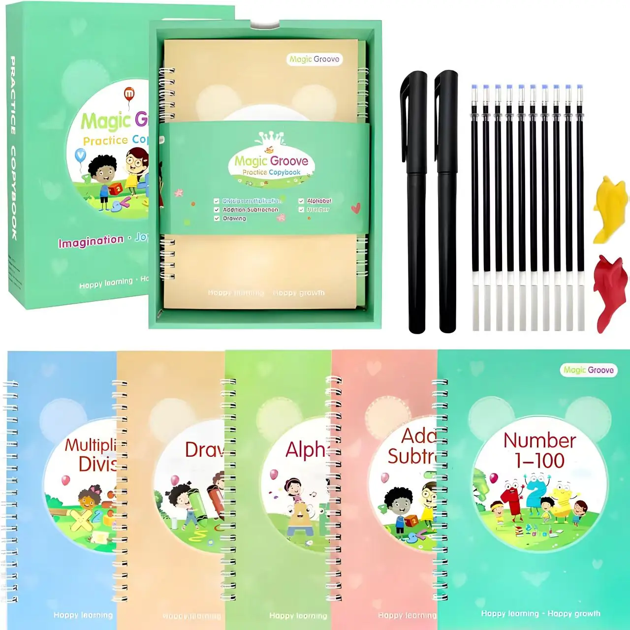 Reusable Handwriting Practice Copybook Set with5Handwriting Practice Books,2 Pen, 10 Pen Refills &2PenGrip, School & Educational Supplies,LearningHandwriting Practice Workbooks forKids,SuitableForBirthday,Preschool training tools Stationery Set