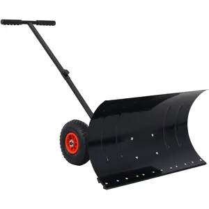 Snow Shovel with Wheel, Snow Pusher, Adjustable-Angle Handle with Shock Absorption, 29-Inch Blade, 10-Inch Wheel