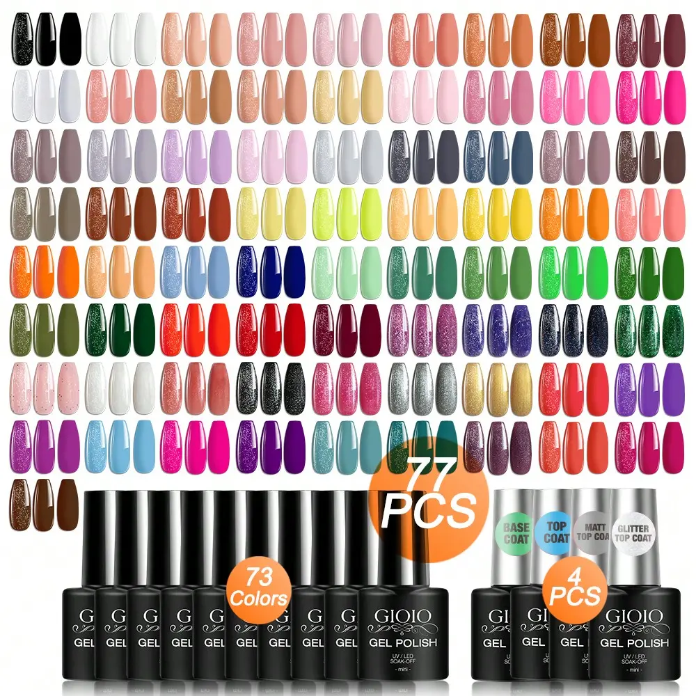 GIOIO 77 Pcs Gel Nail Polish Set Multiple Color UV Gel Polish With Base Top Coat Matt Top Coat Glitter Top Coat Gel Nail Kit Nail Supplies Gel Manicure All Season Trendy Nail Polish Set For Women Girls DIY Nail Art Nail Products