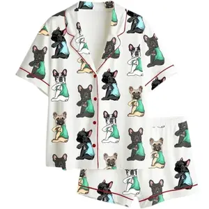Women's French Bulldog "I Love Mom" Satin Pajama Set, Cute Frenchie Dog Print Short Sleeve or Long Sleeve Two-Piece Sleepwear, Gift for Her Fabric Loungewear