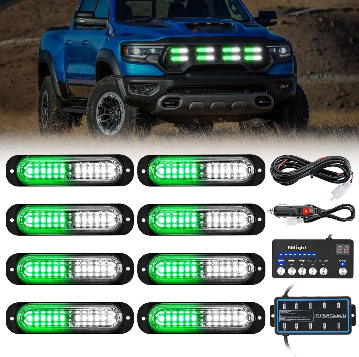 Nilight 8PCS 12V-24V Strobe Light Kit, 12-LED Surface Mount Sync-Controlled LED Tailgate Lights for Cars, Trucks