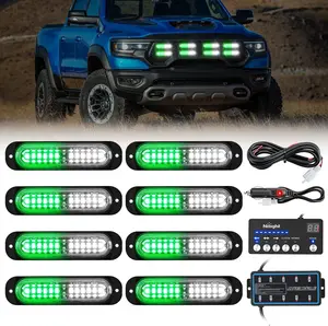 Nilight 8PCS Led Strobe Lights with Controller 12V 24V Sync Feature Green White Strobe Light 12 LED Surface Mount Lights with Strobe Controller for Vehicle Car Truck RV ATV