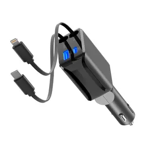 4-in-1 Retractable Car Charger, 100W USB-C Fast Adapter with Lightning Cable & Dual Ports for iPhone, iPad, AirPods, Samsung, Google Pixel