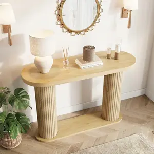 Elegant Fluted Oval Console Table with Shelf, Modern Minimalist Narrow Sofa Table, Premium Engineered Wood Entryway Table for Hallway, Living Room, Foyer