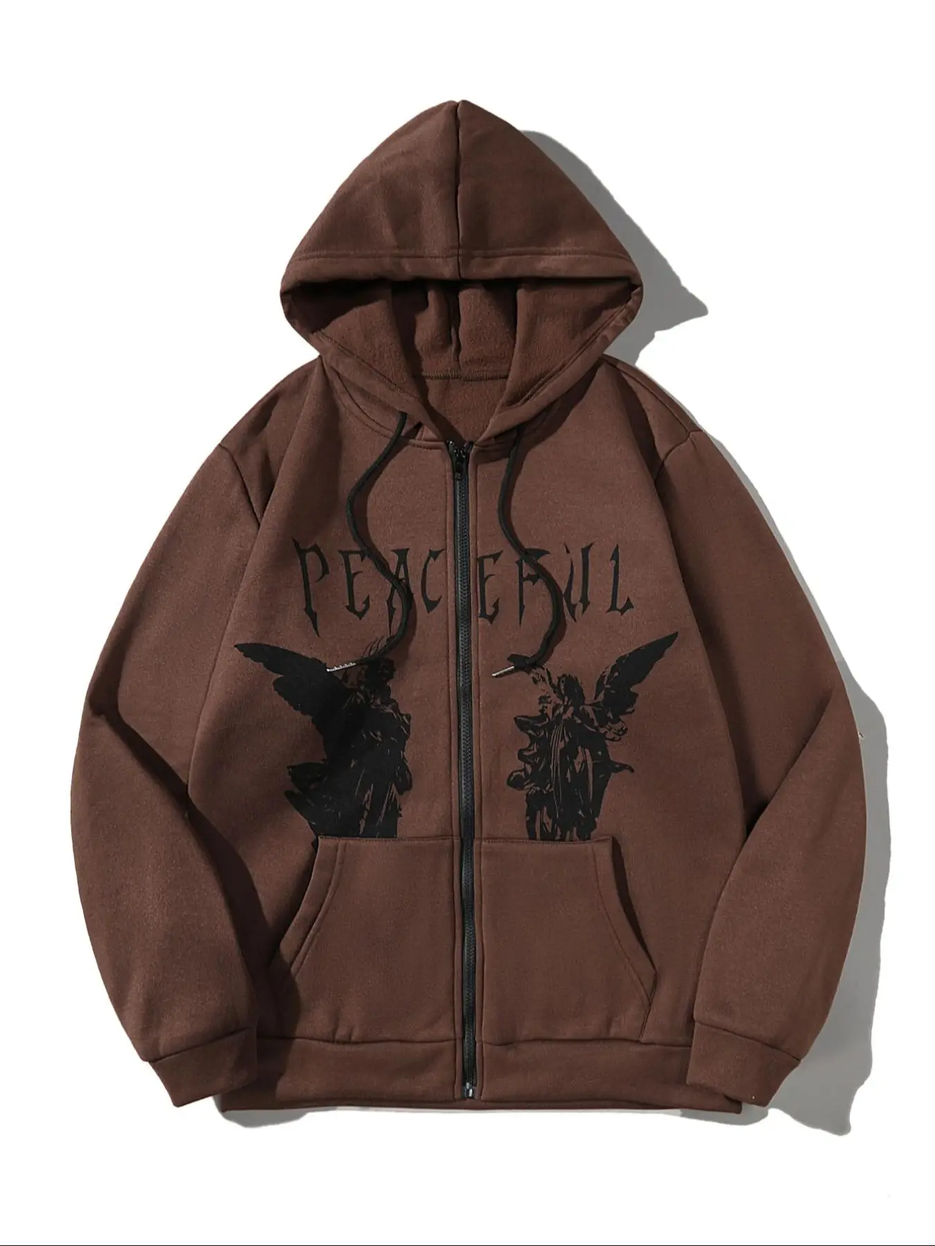 Men's Letter & Angel Print Zip Up Warm Hoodie, Casual Drawstring Pocket Hooded Sweatshirt Set for Fall & Winter, Streetwear, Men's Tops for Daily Wear