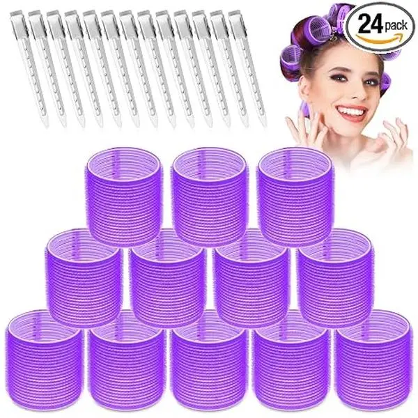 24-Piece Jumbo Hair Curlers Set – 12 Large Self-Grip Rollers & 12 Clips, Heatless Volumizing Tools for Long, Thick Hair – Salon-Style Bouncy Curls at Home