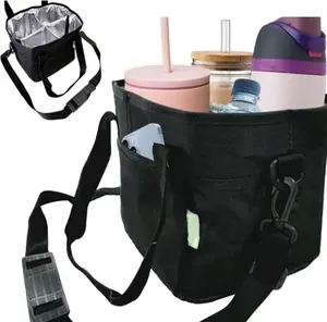 Family Size 4 Compartment Drink Bag, Multiple Tumbler Carrier Caddy with Adjustable Divider, Reusable for Coffee,Travel,Sports & Outings Daily Use (Black) flask bottle