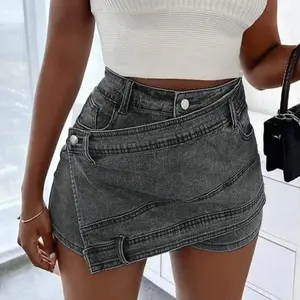 Y2K Street New Vintage Stretchy Overlap Waist Wrap Irregular Hem Skinny Denim Skorts Back To School Grunge Punk Jeans Shorts