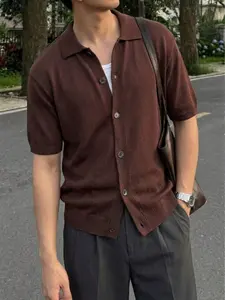 Men's New Casual Classic Loose Fit Plain Vintage Style Collared Polo Neck Button Up Short Sleeve Knit Sweater Jacket, Casual Button Front, Ethnic Pattern, All Seasons, Menswear