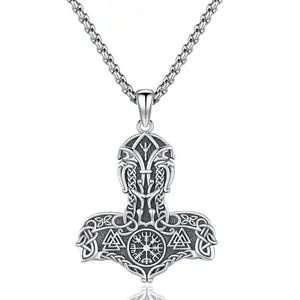DRINSPER Thor Hammer Necklace 925 Sterling Silver Norse Viking Jewelry with Runes, Necklace Gift for Men Women