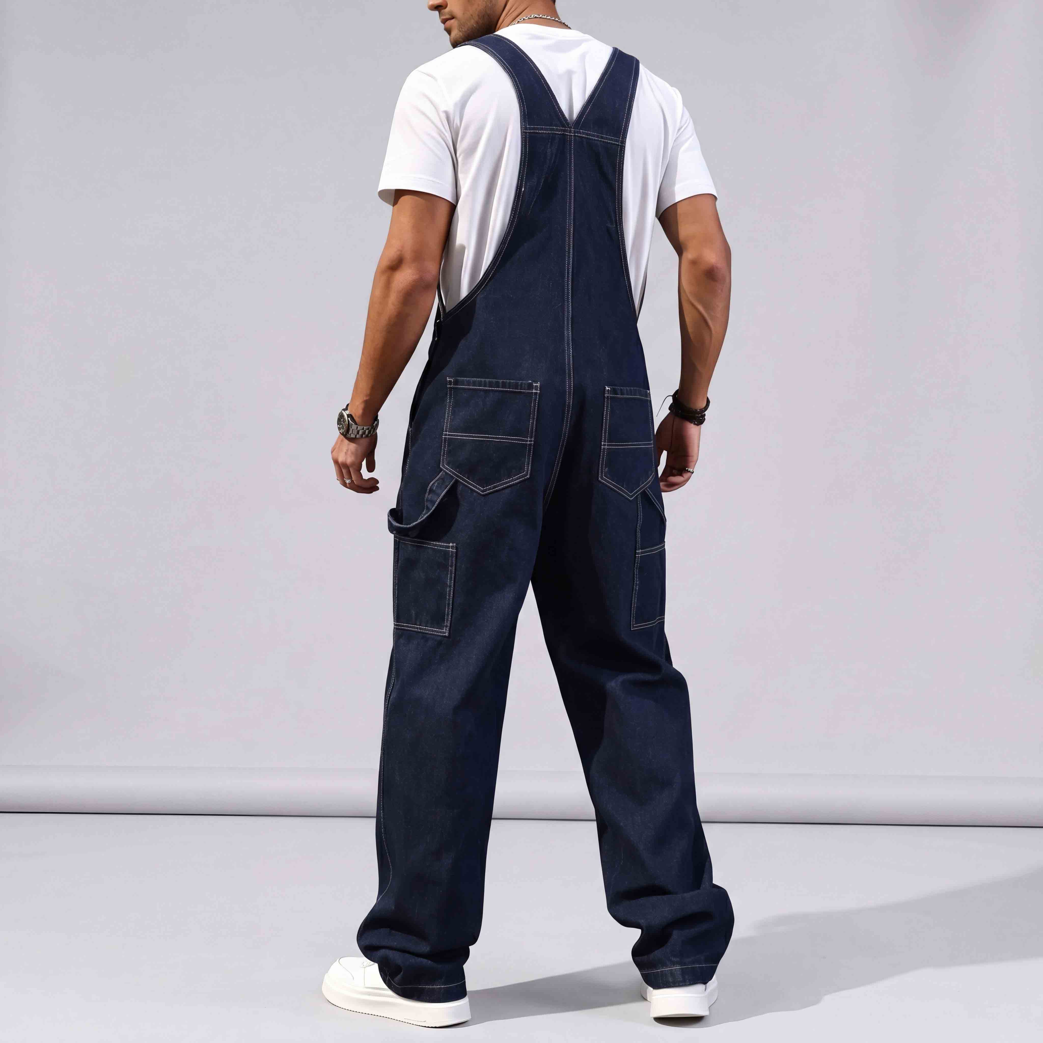 Men's Denim Cargo Overalls - Simple Vintage Fit Casual Wear Clothes, Loose Wide-Leg Multi-Pocket Bib Jumpsuit with Adjustable Straps
