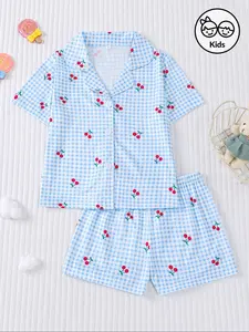Fire-Resistant Plaid & Cherry Print Pajama Set, Cute Style Sleepwear for Boys & Girls, All Season Casual Home Wear, Fruit Print Pajamas