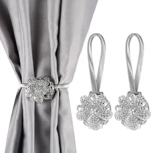 Set of 2 Magnetic Curtain Tiebacks, Drill-Free Floral Crystal Drape Holders with Flexible Spring Wire