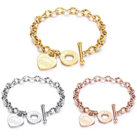 [Angela New Arrivals] Women's Titanium Steel Exquisite Heart Artificial Gemstone Charm Bracelet, OT Clasp, Unisex One Size Adults' Daily Wear Jewelry, Exquisite Bracelet, Love Charm