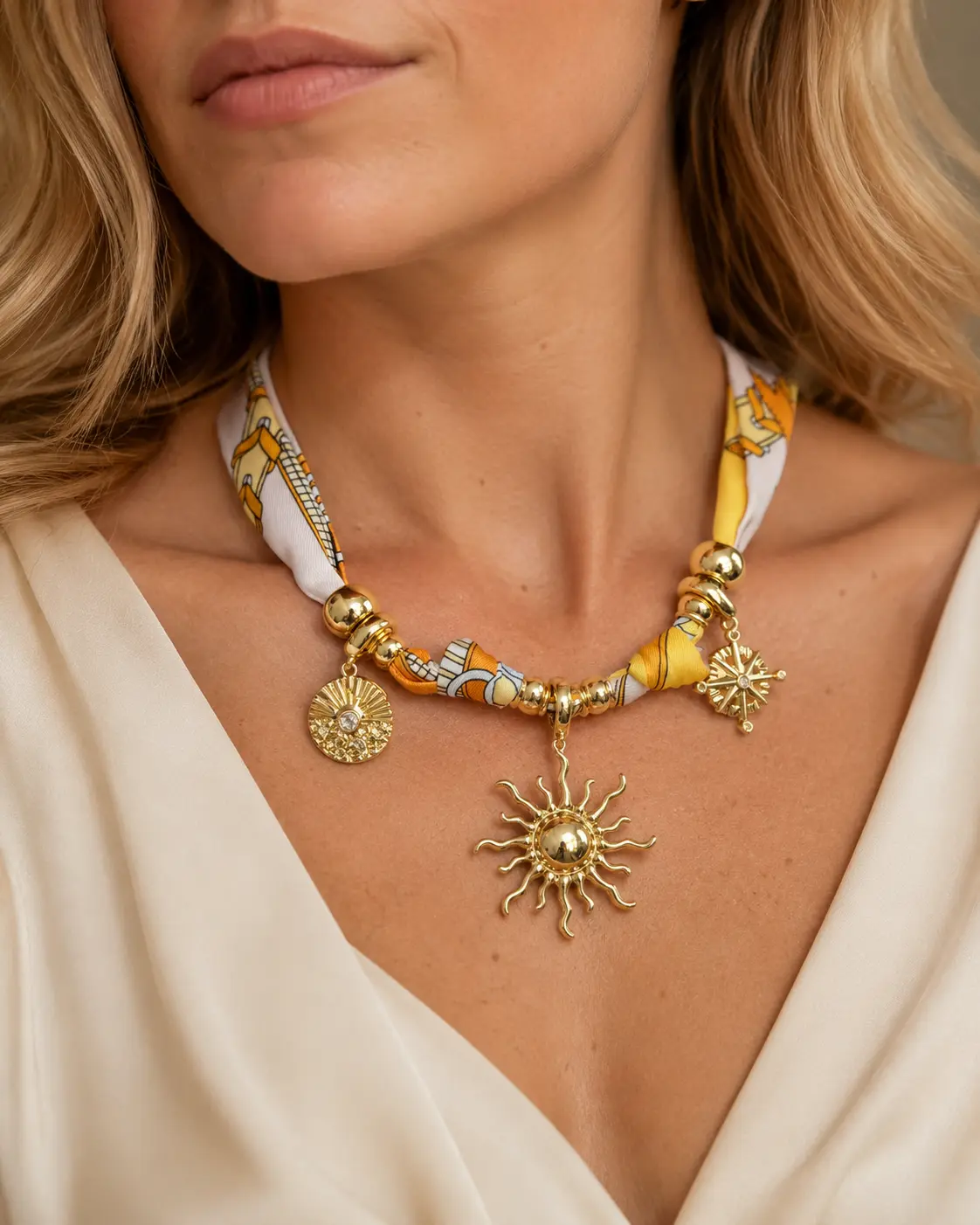 Women's Statement Jewelry, Bold and Artistic Printed Fabric Charm Necklace with Polished Beads, Adjustable for Daily Wear