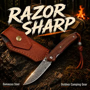 Viral Outdoor Folding Tool – Damascus Style Design with Leather Sheath for Camping & Travel